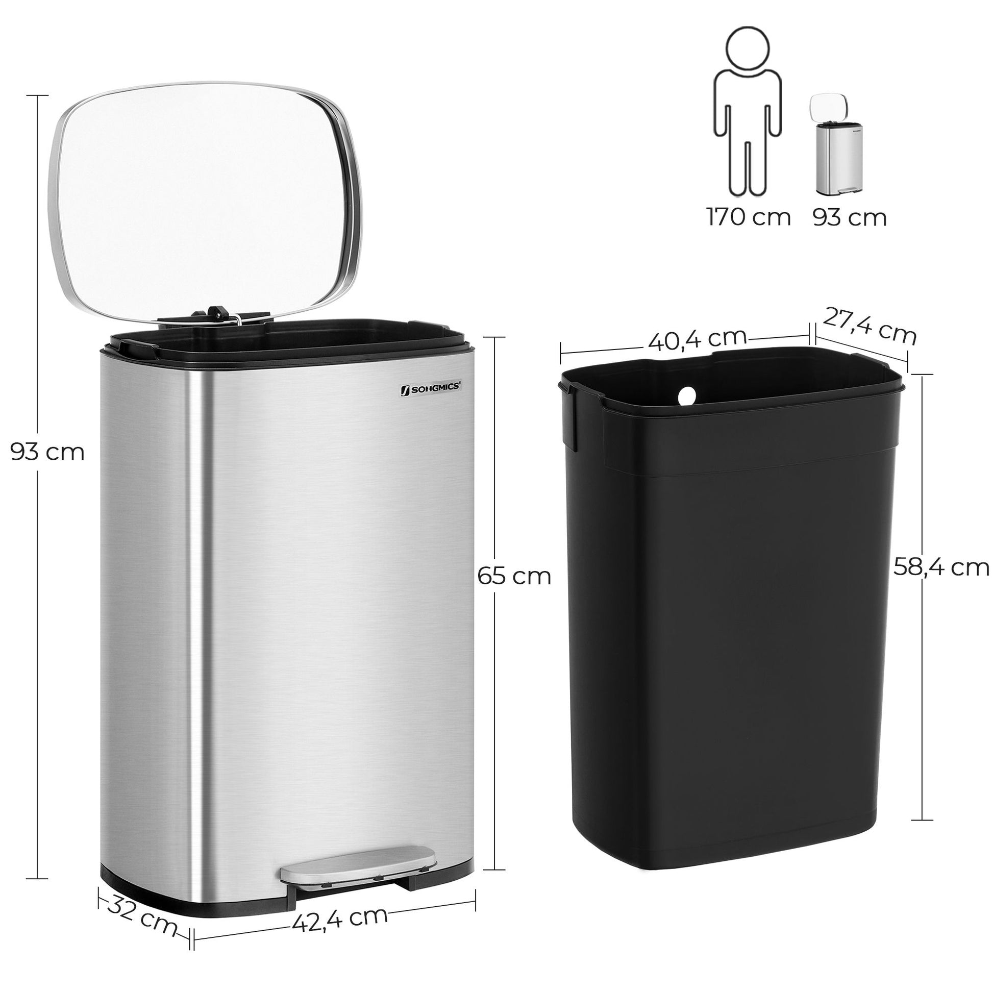 Mülleimer Küche, 50 Liter, Mülleimer groß, Abfalleimer mit deckel, Treteimer, Softclose, Fußpedal, silbern, SONGMICS, d