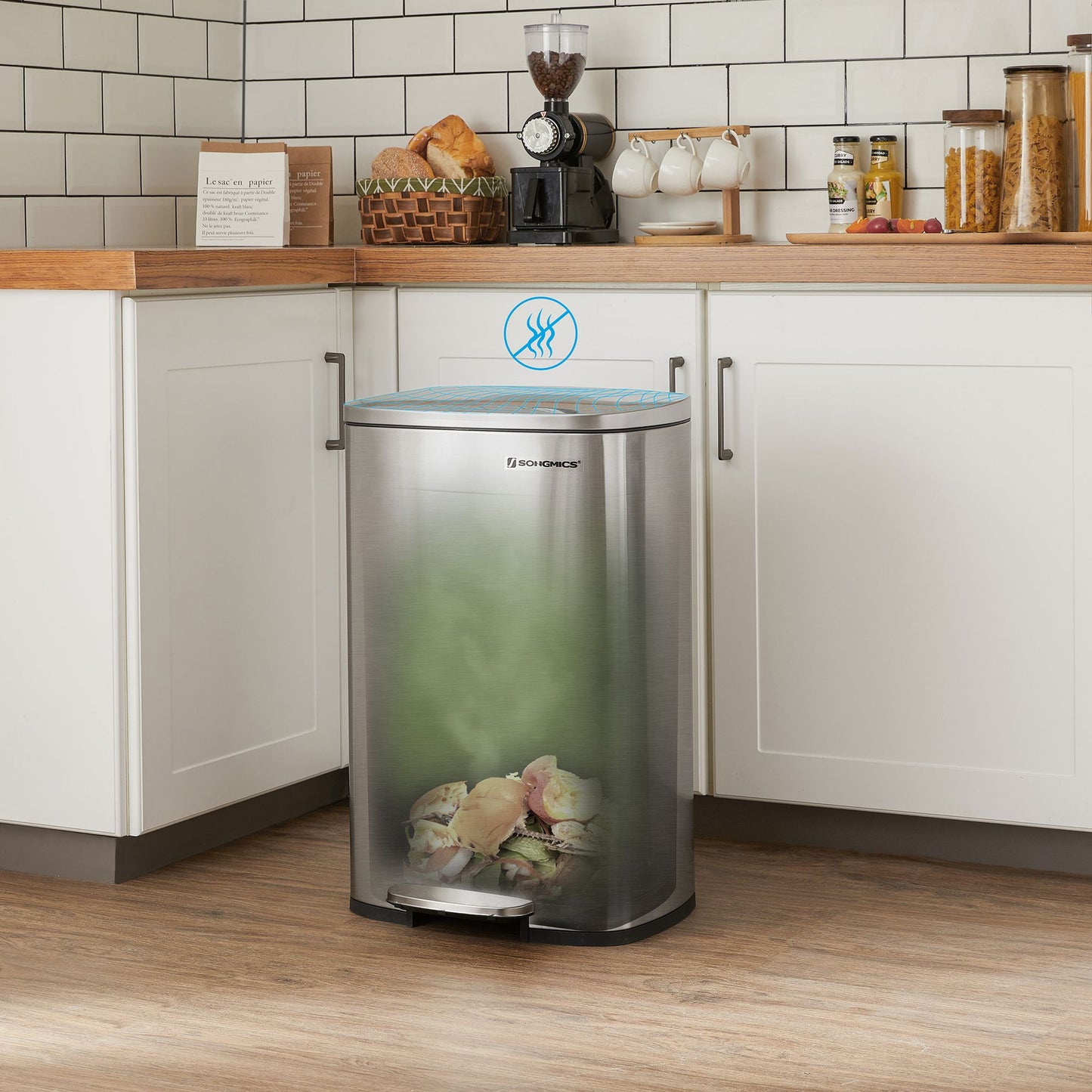 Mülleimer Küche, 50 Liter, Mülleimer groß, Abfalleimer mit deckel, Treteimer, Softclose, Fußpedal, silbern, SONGMICS, j