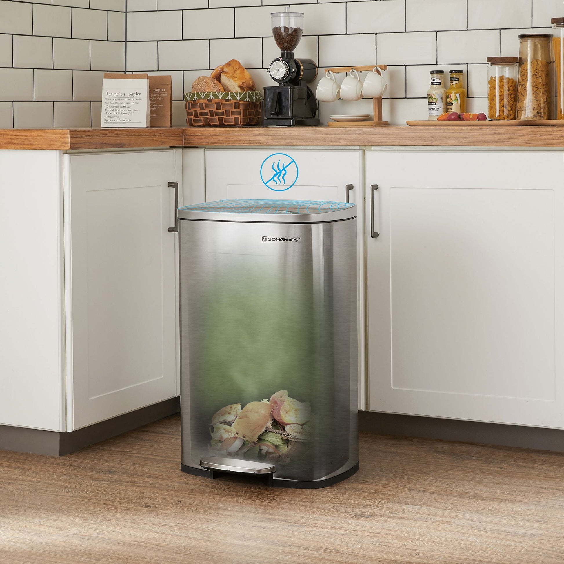 Mülleimer Küche, 50 Liter, Mülleimer groß, Abfalleimer mit deckel, Treteimer, Softclose, Fußpedal, silbern, SONGMICS, j