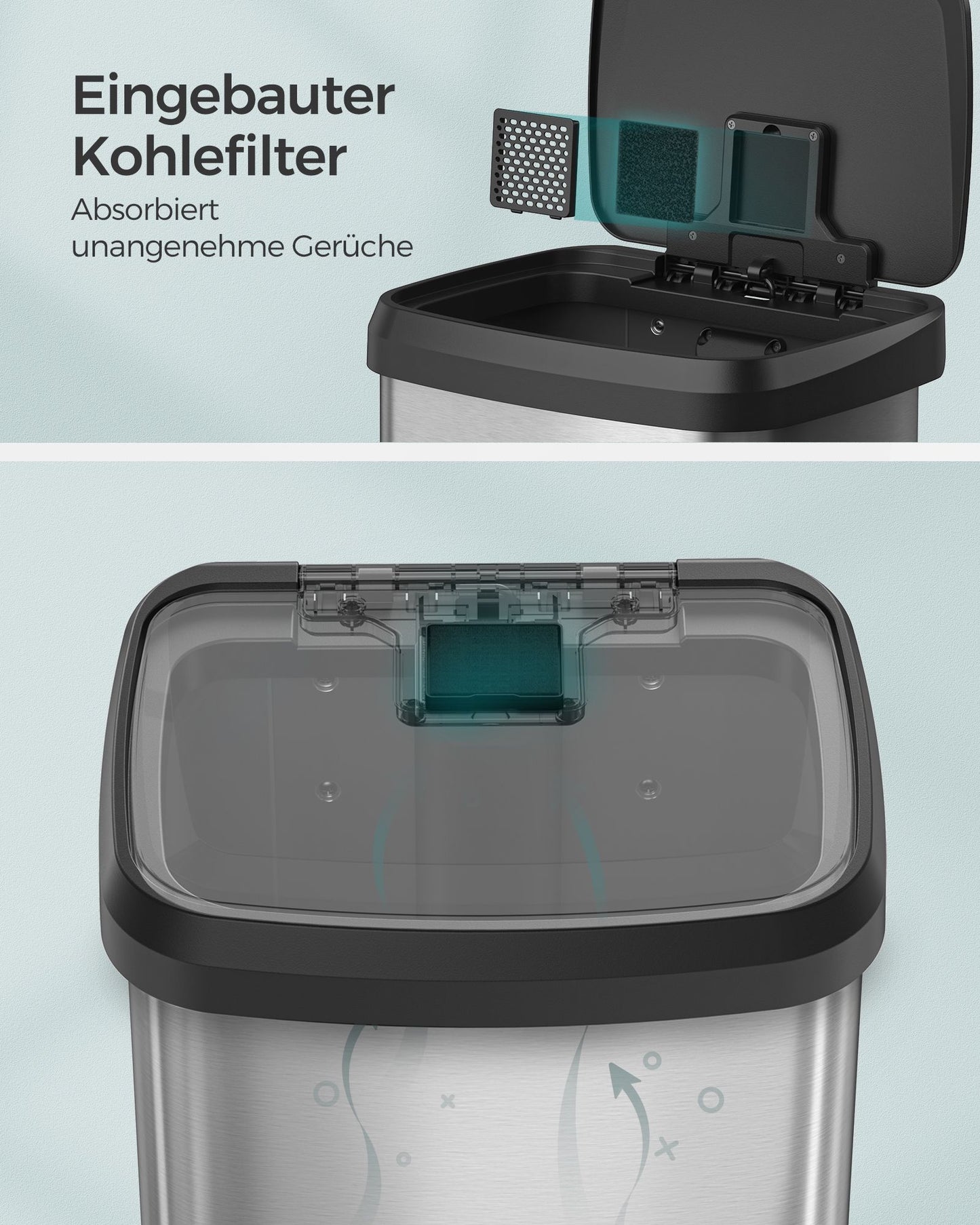Mülleimer Küche, 68 L, Mülleimer groß, schmal und geräumig, Abfalleimer mit deckel, Tretmülleimer, silbern-schwarz, SONGMICS, 1