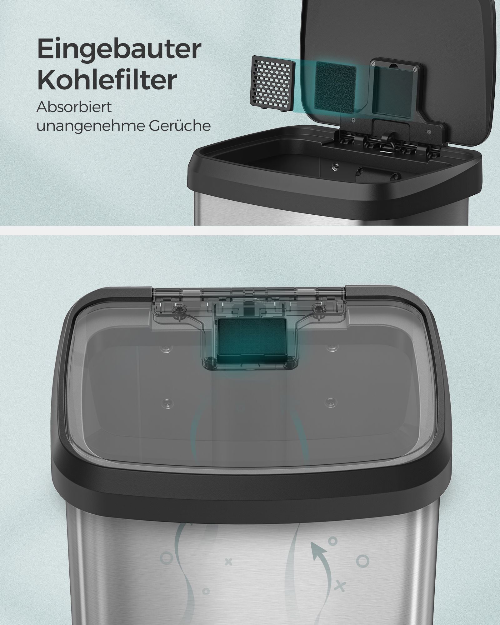Mülleimer Küche, 68 L, Mülleimer groß, schmal und geräumig, Abfalleimer mit deckel, Tretmülleimer, silbern-schwarz, SONGMICS, 1
