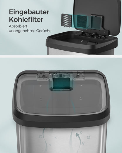 Mülleimer Küche, 68 L, Mülleimer groß, schmal und geräumig, Abfalleimer mit deckel, Tretmülleimer, silbern-schwarz, SONGMICS, 1