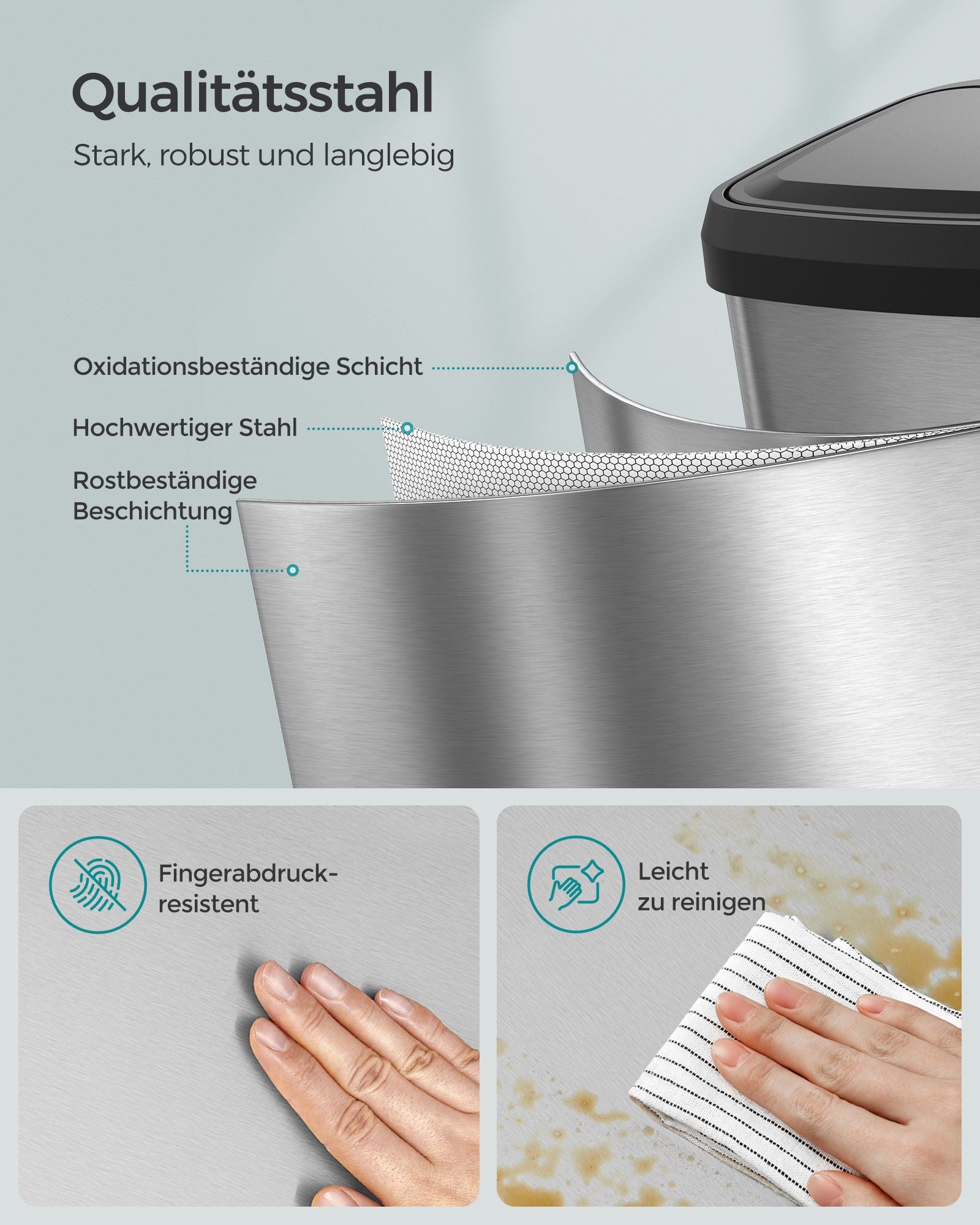Mülleimer Küche, 68 L, Mülleimer groß, schmal und geräumig, Abfalleimer mit deckel, Tretmülleimer, silbern-schwarz, SONGMICS, 8