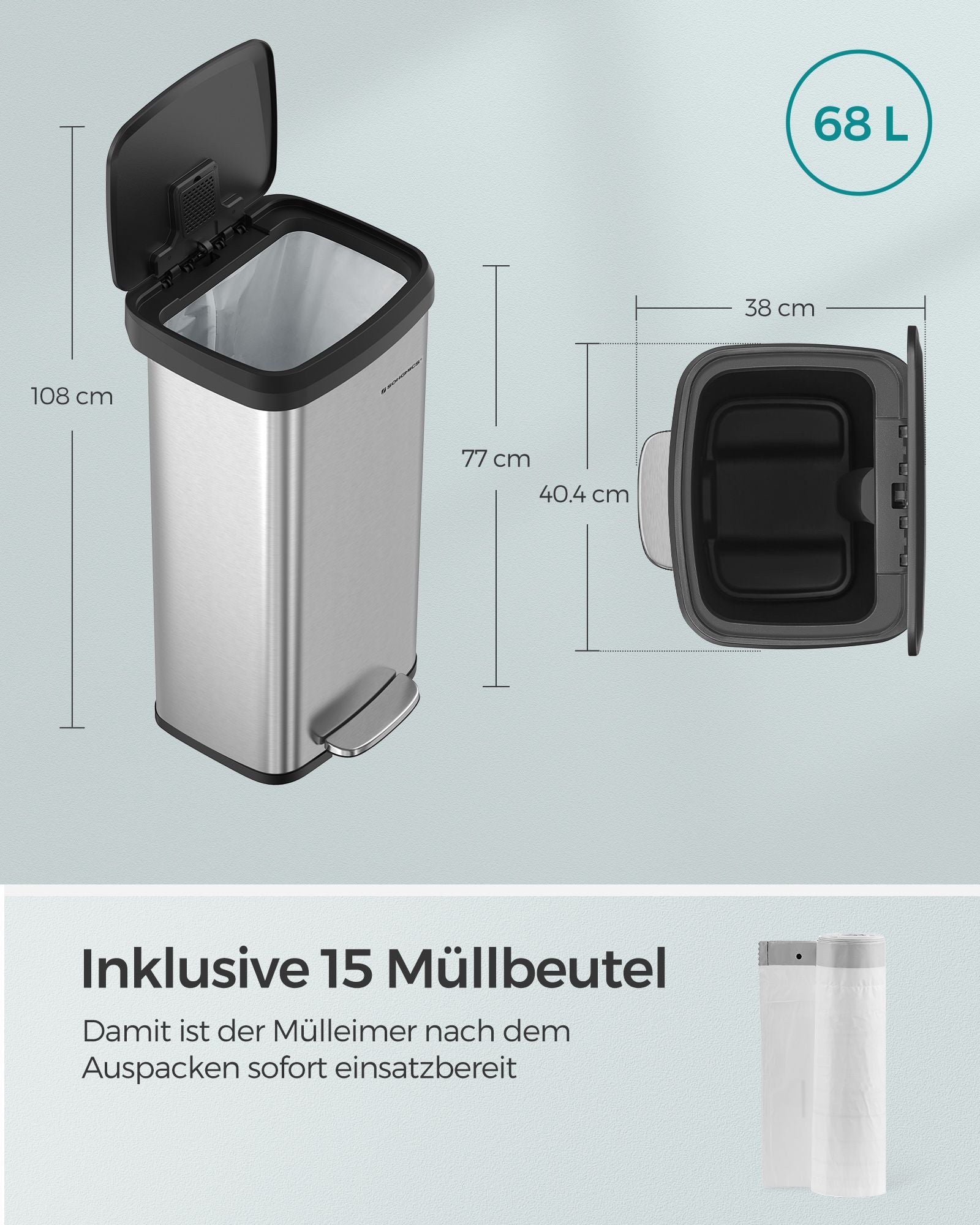 Mülleimer Küche, 68 L, Mülleimer groß, schmal und geräumig, Abfalleimer mit deckel, Tretmülleimer, silbern-schwarz, SONGMICS, 9