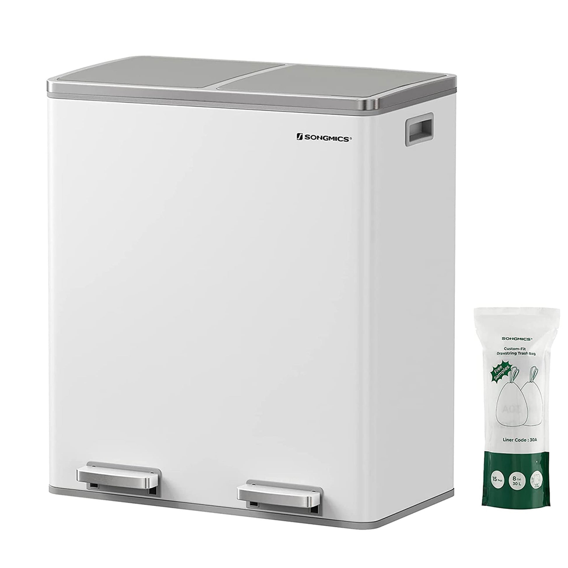 Mülleimer Küche, Mülleimer 2 Fächer, Mülleimer Küche 60l, großer Mülleimer Küche, 2x30 L, Treteimer, Inneneimer, Songmics, 1