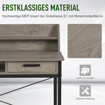 HOMCOM - Schreibtisch  mit Regal und Schublade, Computertisch, Bürotisch, industrieller Stil, MDF, Metall, Grau+Schwarz, 106x53x95cm