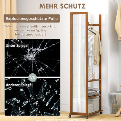 Standspiegel, Garderobe mit Spiegel, Kleiderständer Holz, Ganzkörperspiegel, Kleiderständer auf rollen, 3 Ebenen, Kiefernholz, HOMCOM, 4