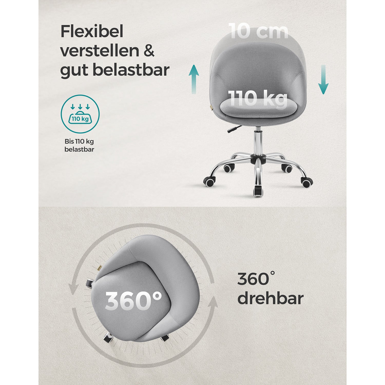 Schreibtischstuhl, Schminkstuhl, Ergonomischer Stuhl, Drehstuhl, höhenverstellbar, bis zu 110kg, Einfache Montage, Grau, Songmics, 1