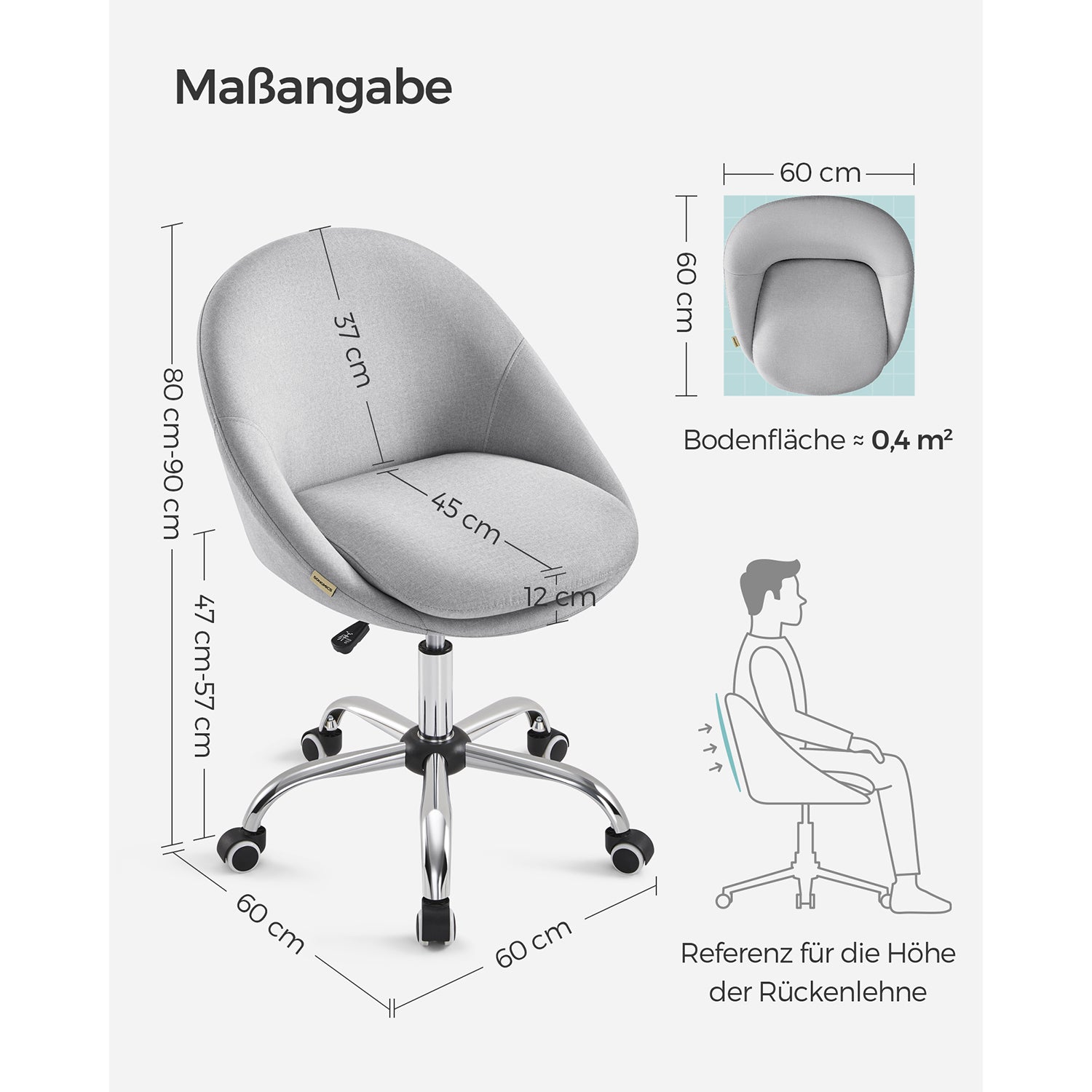 Schreibtischstuhl, Schminkstuhl, Ergonomischer Stuhl, Drehstuhl, höhenverstellbar, bis zu 110kg, Einfache Montage, Grau, Songmics, 1