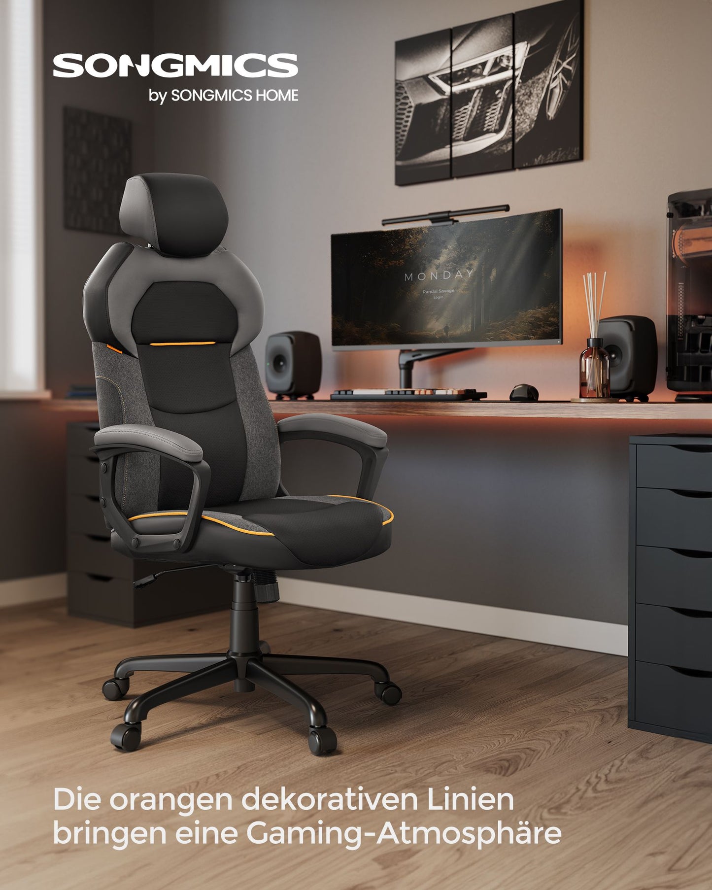 Gaming Stuhl, Ergonomischer Bürostuhl, Schreibtischstuhl, Gaming Sessel verstellbare Kopfstütze, bis 150kg, schwarz, SONGMICS, 7