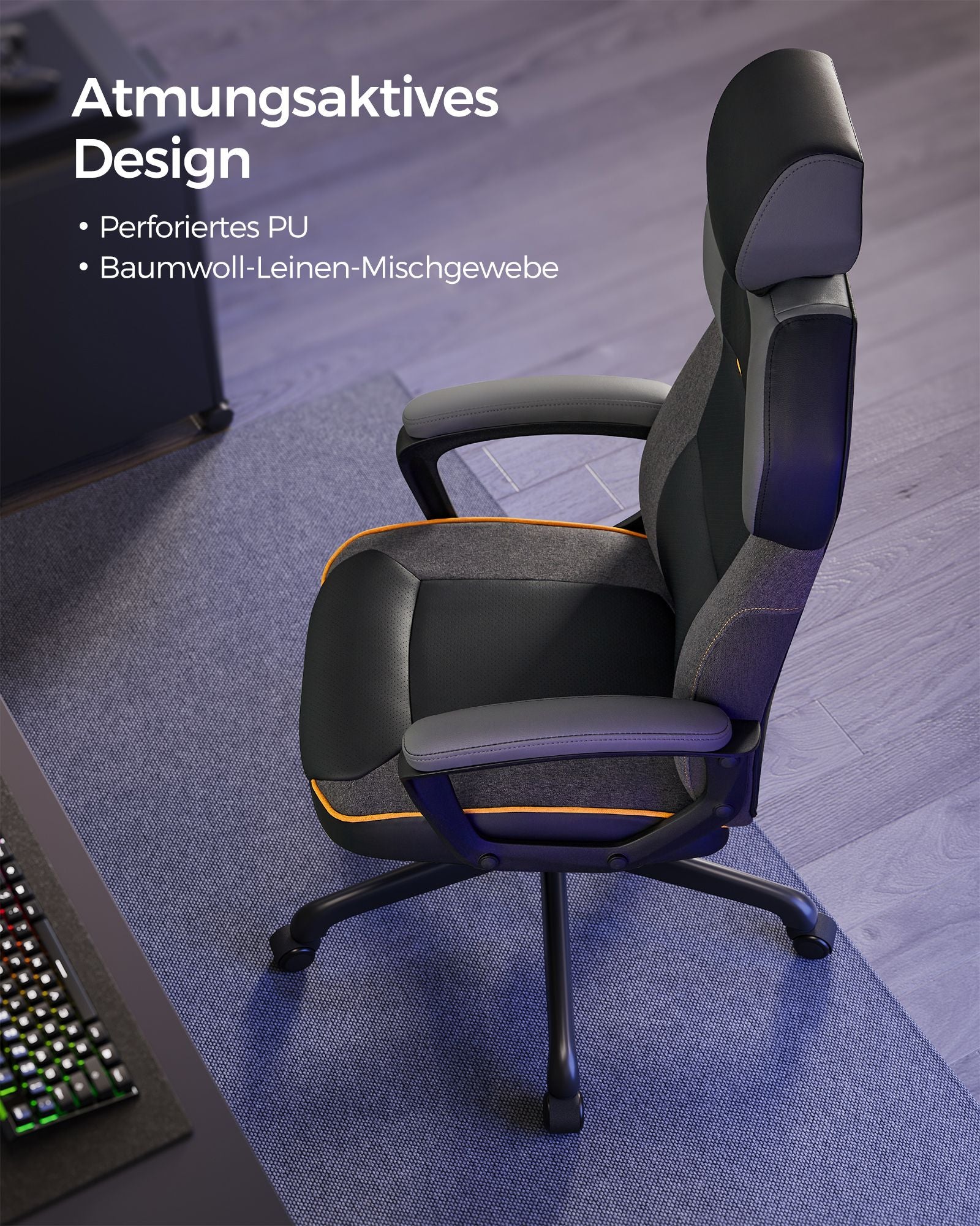 Gaming Stuhl, Ergonomischer Bürostuhl, Schreibtischstuhl, Gaming Sessel verstellbare Kopfstütze, bis 150kg, schwarz, SONGMICS, 2