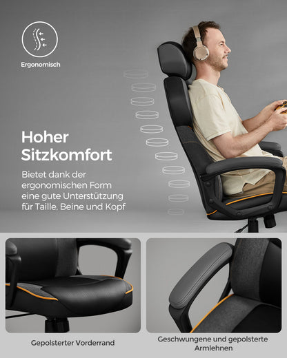 Gaming Stuhl, Ergonomischer Bürostuhl, Schreibtischstuhl, Gaming Sessel verstellbare Kopfstütze, bis 150kg, schwarz, SONGMICS, 3