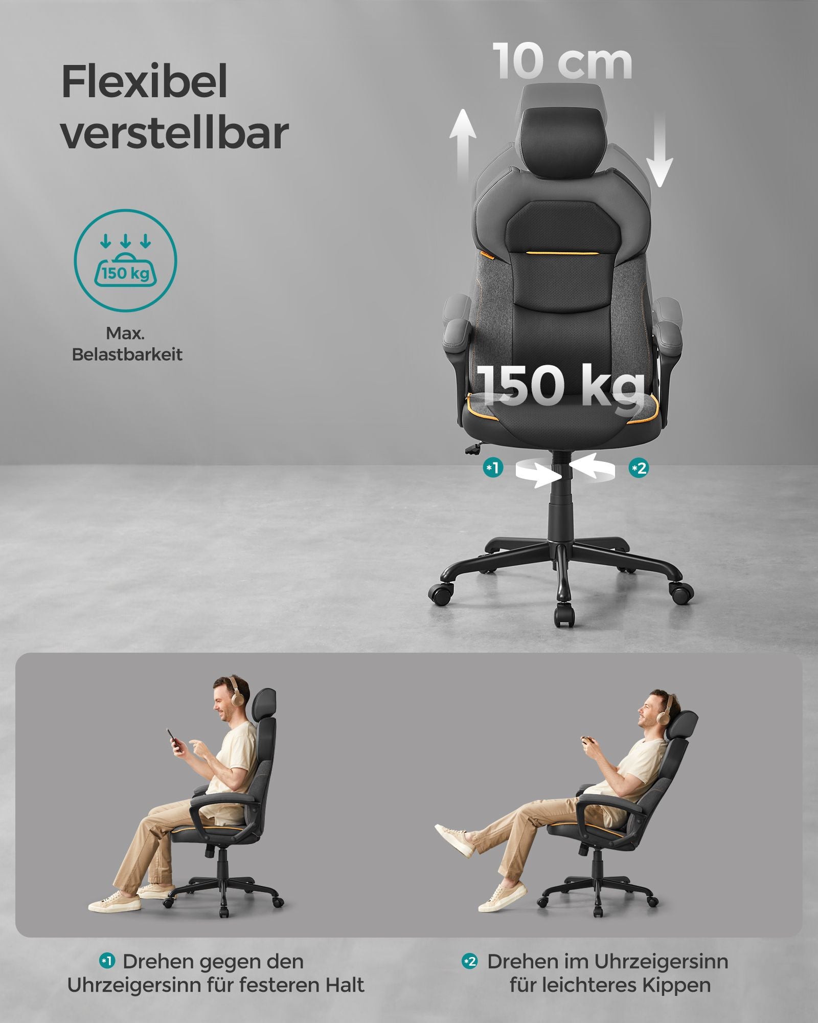 Gaming Stuhl, Ergonomischer Bürostuhl, Schreibtischstuhl, Gaming Sessel verstellbare Kopfstütze, bis 150kg, schwarz, SONGMICS, 5