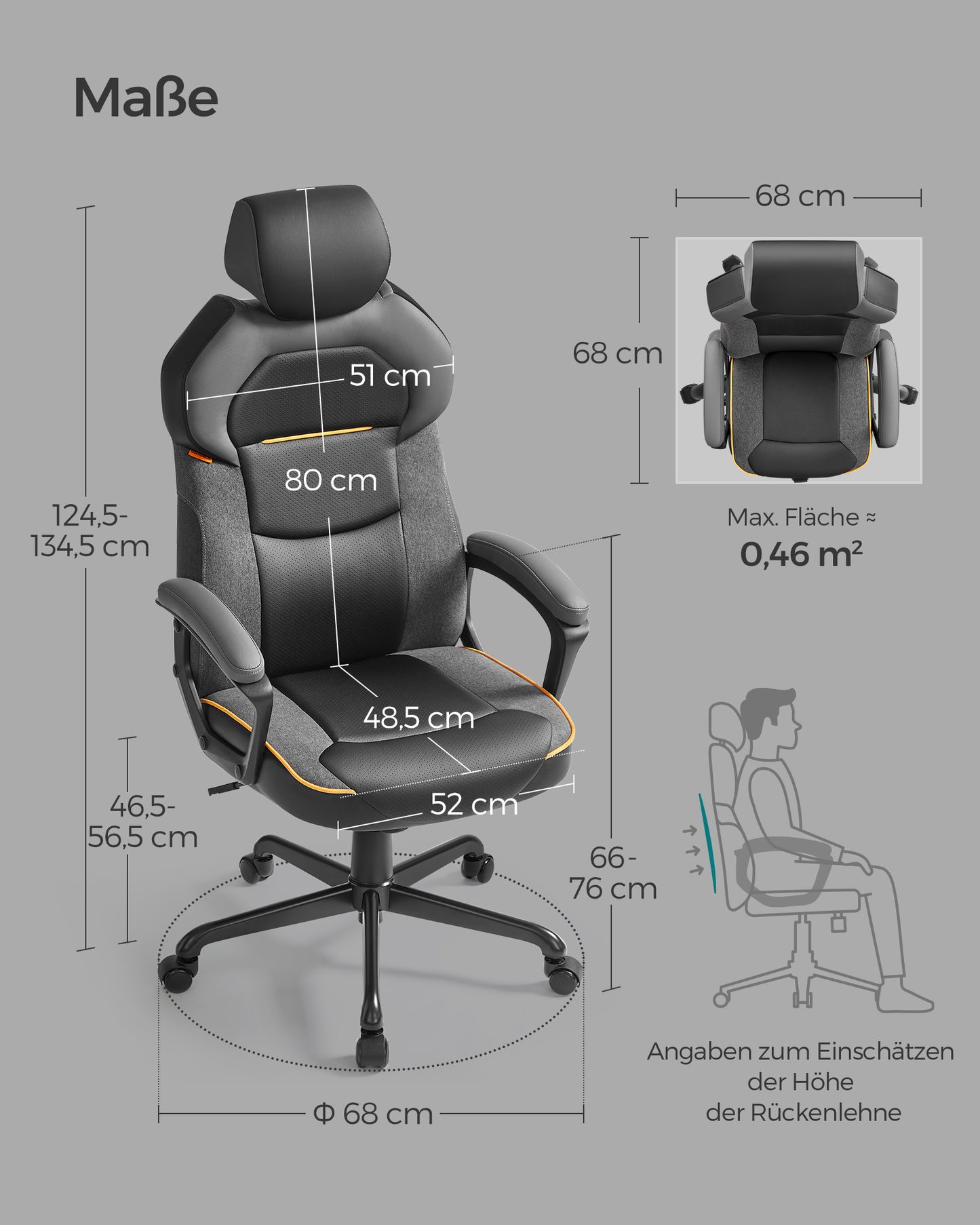 Gaming Stuhl, Ergonomischer Bürostuhl, Schreibtischstuhl, Gaming Sessel verstellbare Kopfstütze, bis 150kg, schwarz, SONGMICS, 6