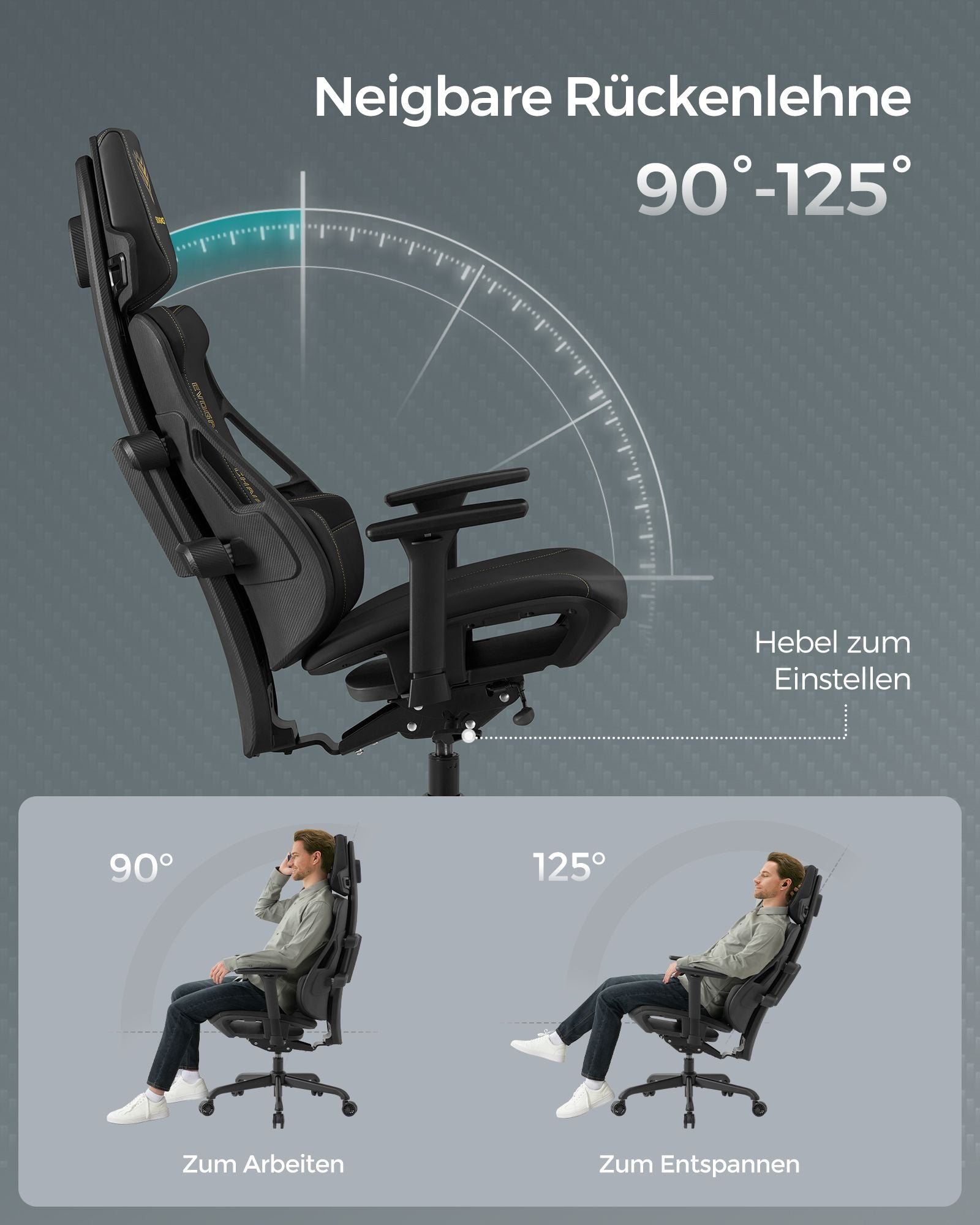 Gaming Stuhl, Gaming Sessel, Ergonomischer Stuhl, Bürostuhl, Neigbare Rückenlehne, H-förmige Rückenstütze, Schwarz, Songmics, 1