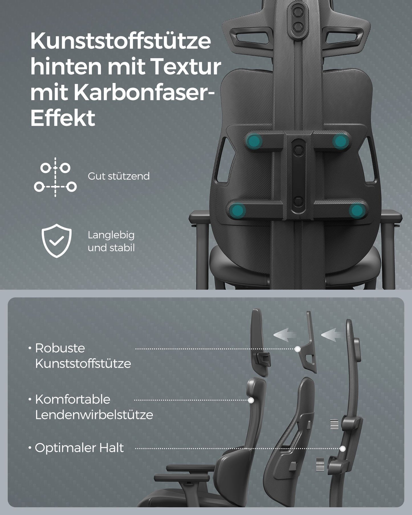 Gaming Stuhl, Gaming Sessel, Ergonomischer Stuhl, Bürostuhl, Neigbare Rückenlehne, H-förmige Rückenstütze, Schwarz, Songmics, 1