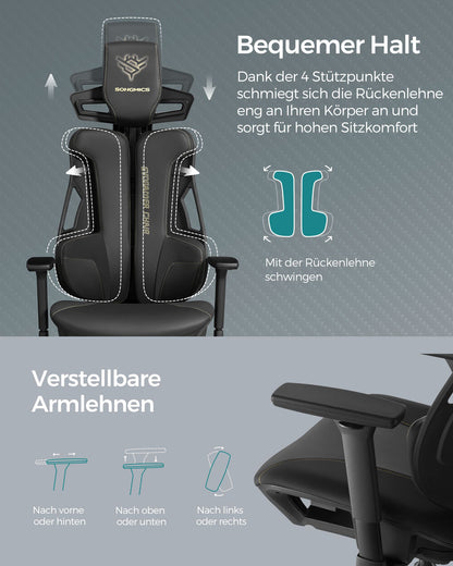 Gaming Stuhl, Gaming Sessel, Ergonomischer Stuhl, Bürostuhl, Neigbare Rückenlehne, H-förmige Rückenstütze, Schwarz, Songmics, 1