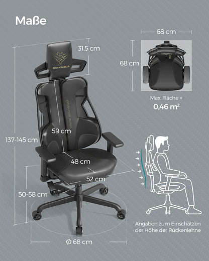 Gaming Stuhl, Gaming Sessel, Ergonomischer Stuhl, Bürostuhl, Neigbare Rückenlehne, H-förmige Rückenstütze, Schwarz, Songmics, 1