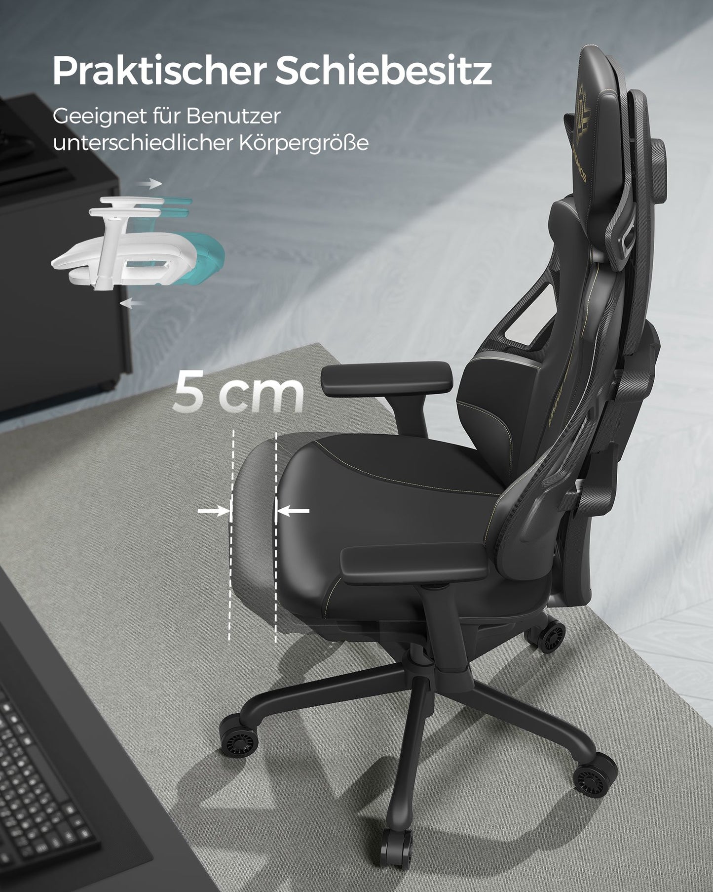 Gaming Stuhl, Gaming Sessel, Ergonomischer Stuhl, Bürostuhl, Neigbare Rückenlehne, H-förmige Rückenstütze, Schwarz, Songmics, 1