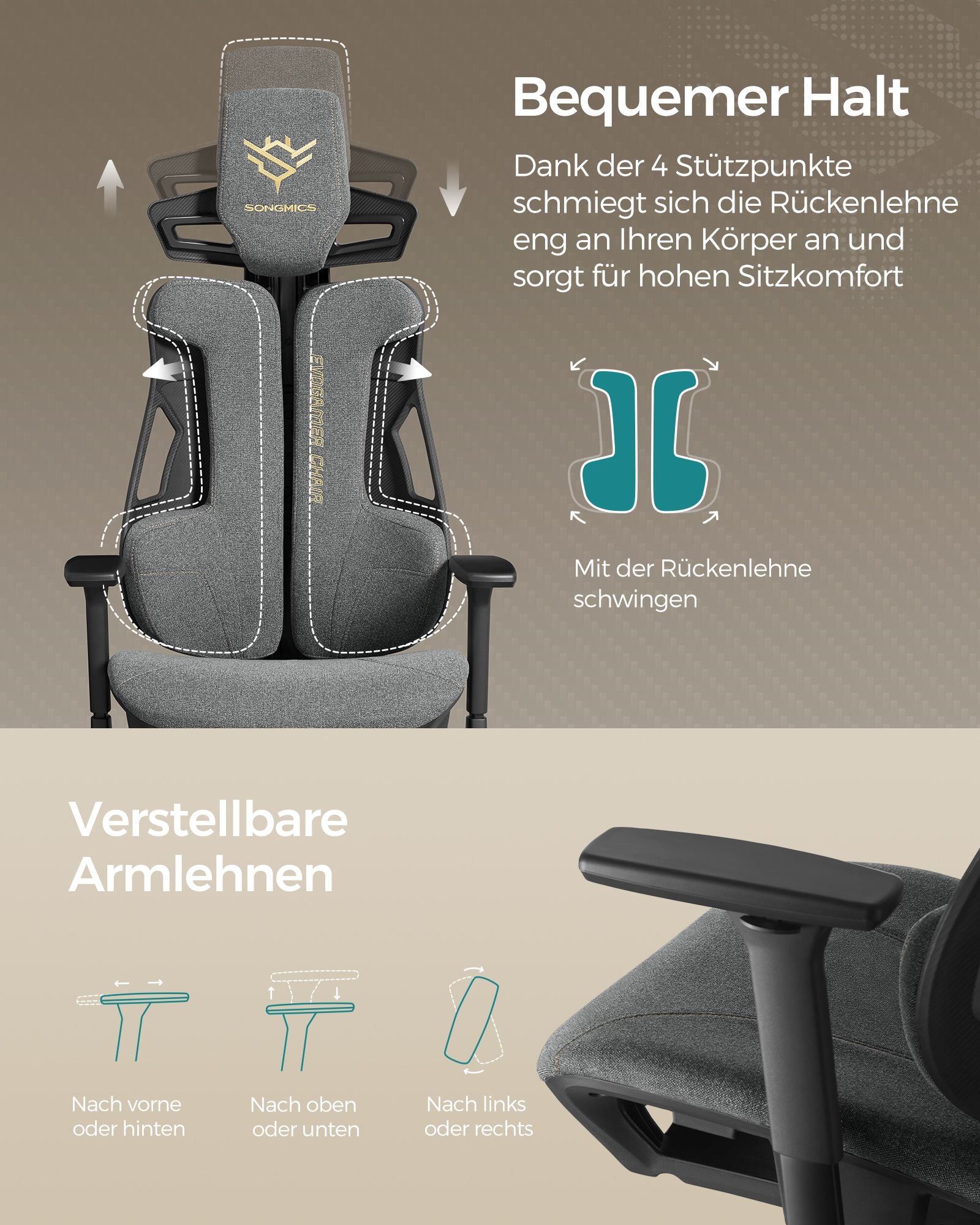 Gaming Stuhl, Gaming Sessel, Ergonomischer Stuhl, Bürostuhl, Neigbare Rückenlehne, H-förmige Rückenstütze, Grau, Songmics, 1