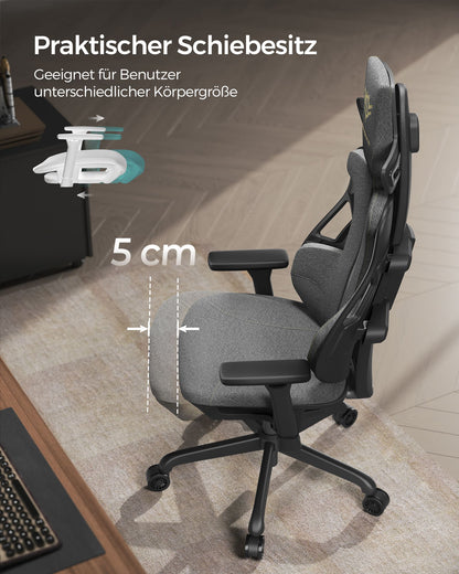 Gaming Stuhl, Gaming Sessel, Ergonomischer Stuhl, Bürostuhl, Neigbare Rückenlehne, H-förmige Rückenstütze, Grau, Songmics, 1