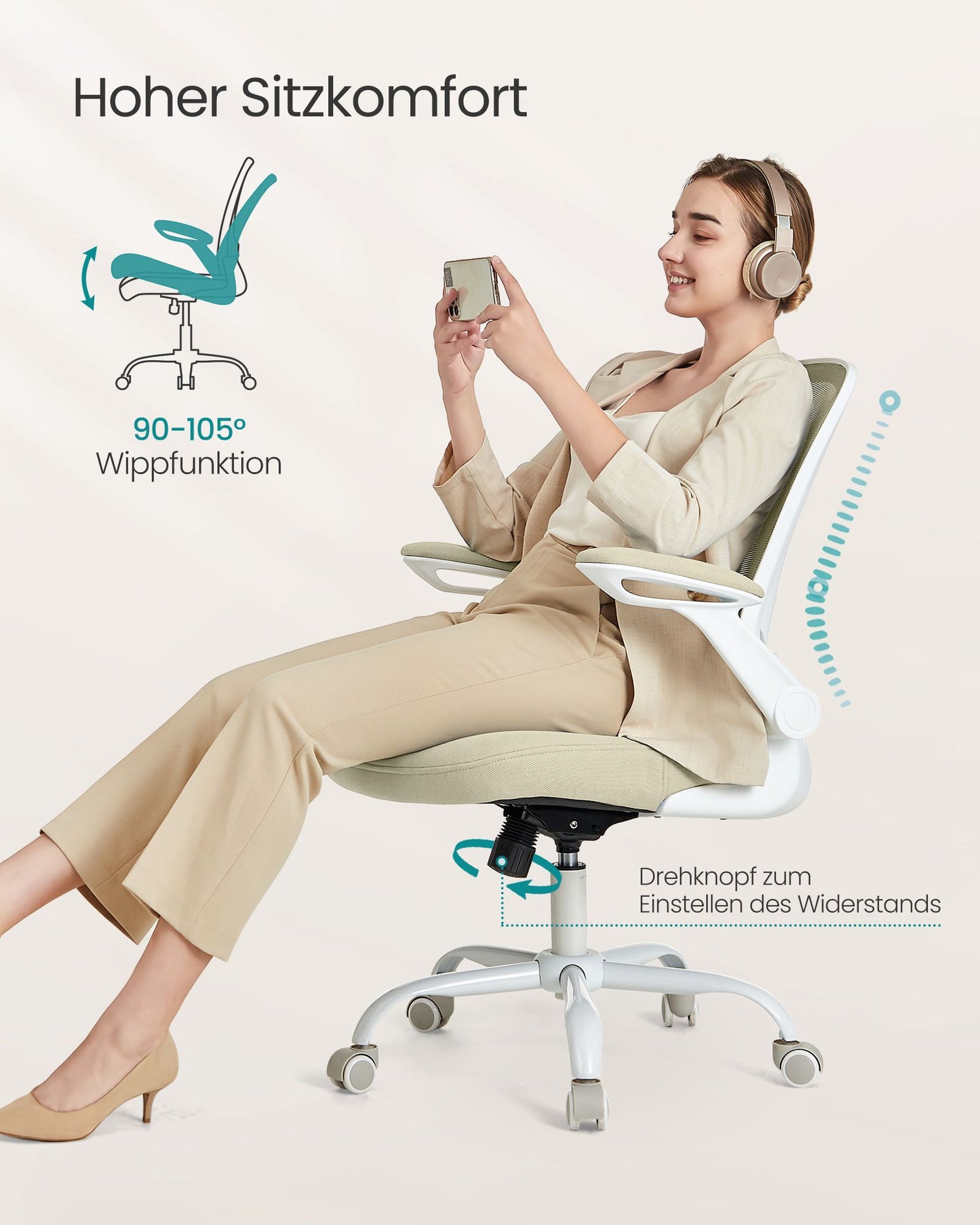 Bürostuhl, Schreibtischstuhl, Ergonomischer Stuhl, Drehstuhl, Kopfstütze, Wippfunktion, große Sitzfläche 53cm, Beige, Songmics, 1