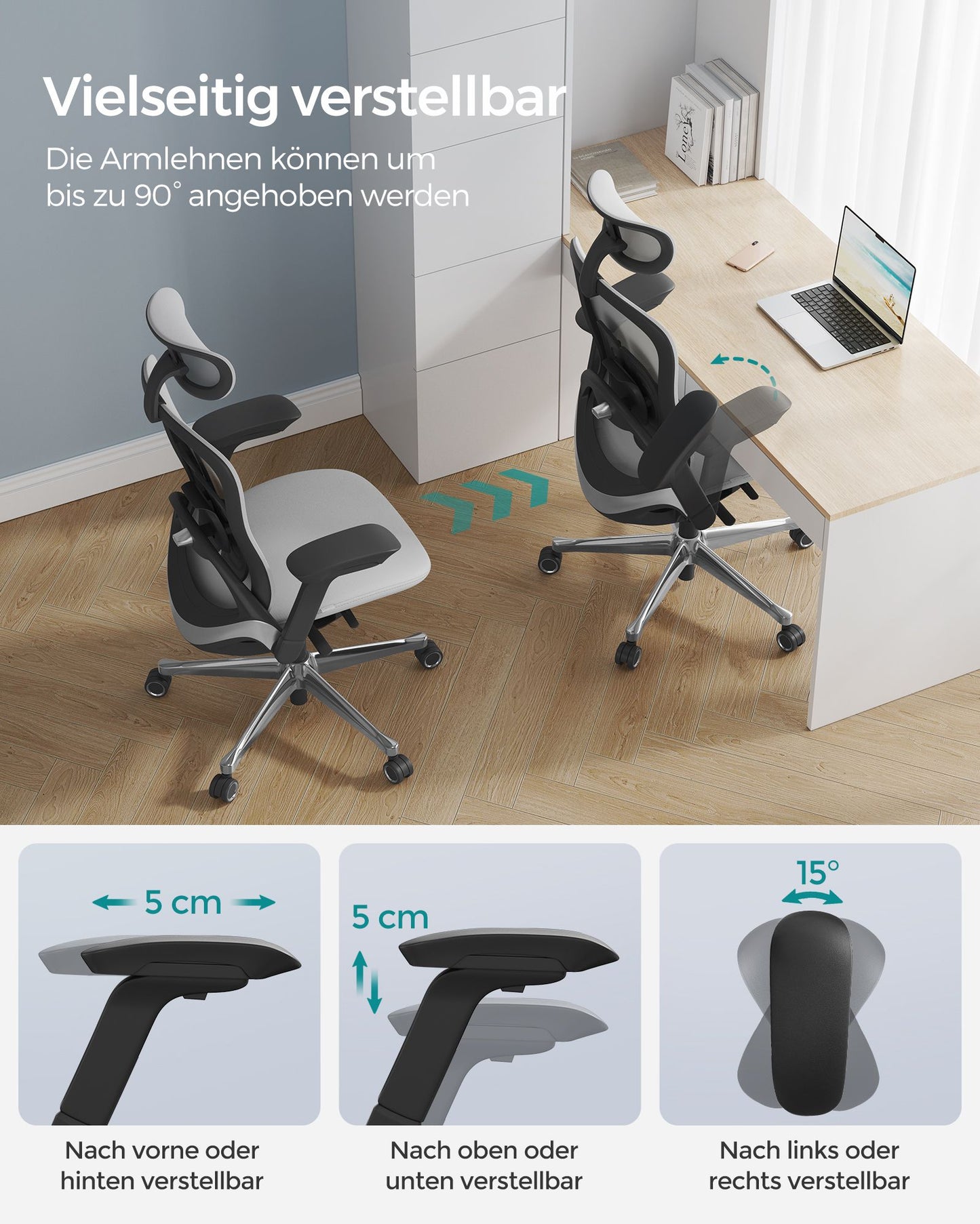 Schreibtischstuhl, Bürostuhl, Ergonomischer Stuhl, Chefsessel, neigbare Rückenlehne, Verstellbarer Sitz, Grau, Songmics, 1