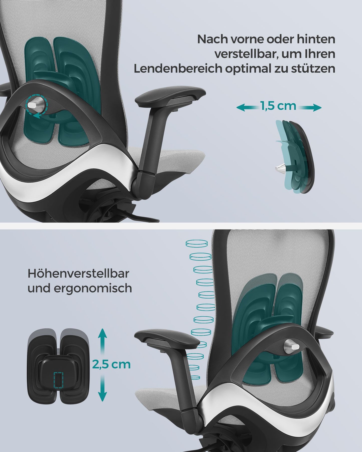 Schreibtischstuhl, Bürostuhl, Ergonomischer Stuhl, Chefsessel, neigbare Rückenlehne, Verstellbarer Sitz, Grau, Songmics, 1