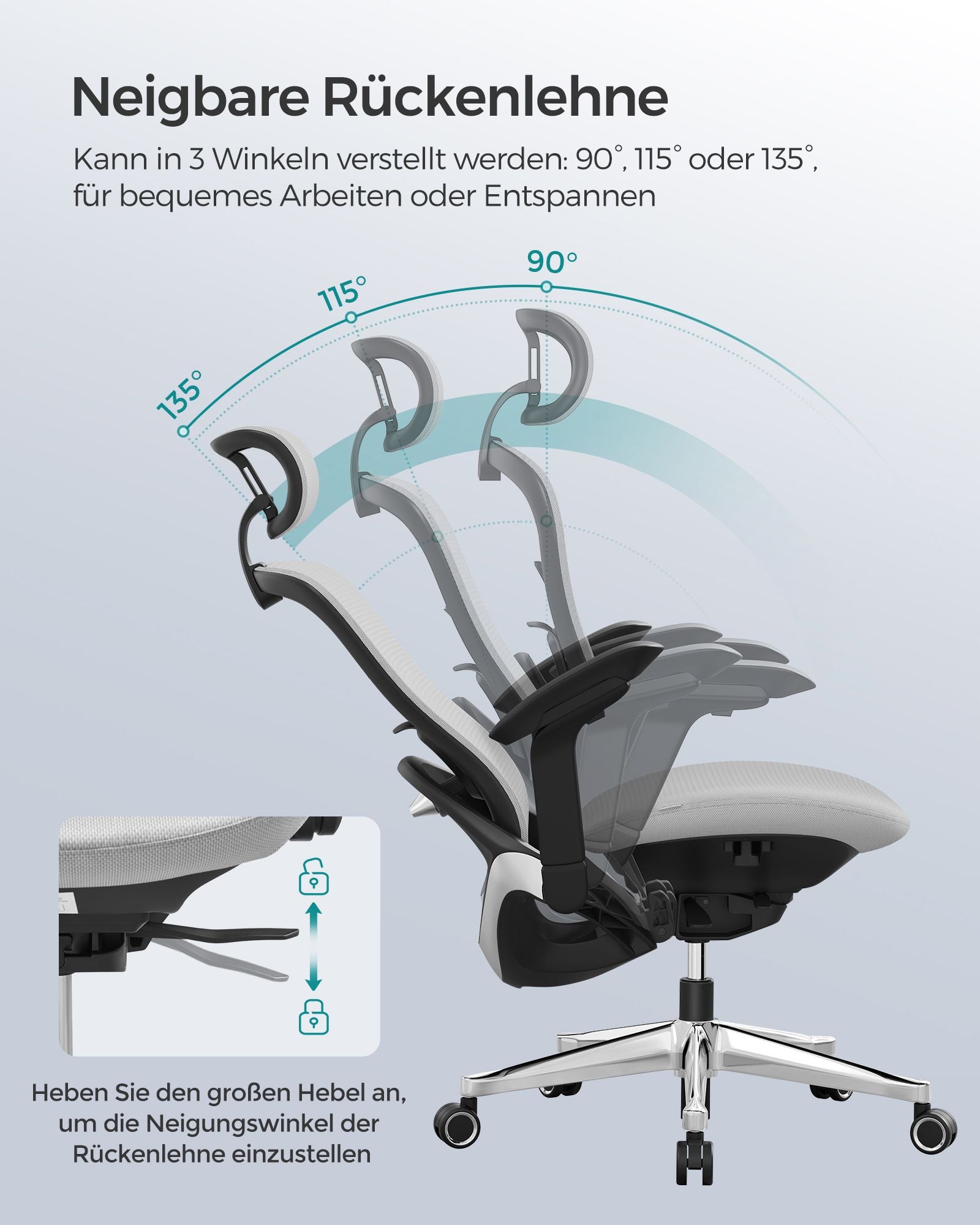 Schreibtischstuhl, Bürostuhl, Ergonomischer Stuhl, Chefsessel, neigbare Rückenlehne, Verstellbarer Sitz, Grau, Songmics, 1