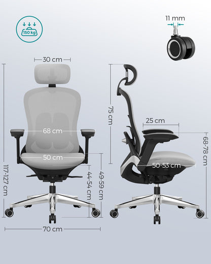 Schreibtischstuhl, Bürostuhl, Ergonomischer Stuhl, Chefsessel, neigbare Rückenlehne, Verstellbarer Sitz, Grau, Songmics, 1