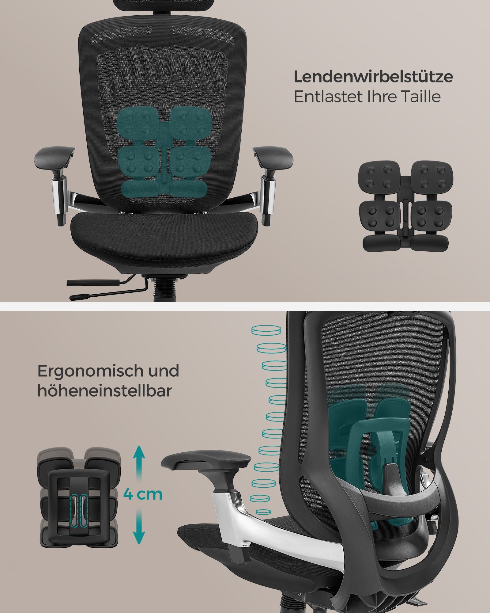 Bürostuhl, Schreibtischstuhl, Ergonomischer Bürostuhl, verstellbar, neigbare Rückenlehne, bis 150 kg, Schwarz, SONGMICS, 4