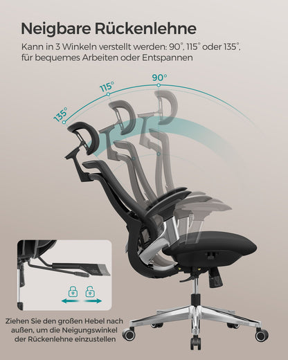 Bürostuhl, Schreibtischstuhl, Ergonomischer Bürostuhl, verstellbar, neigbare Rückenlehne, bis 150 kg, Schwarz, SONGMICS, 5