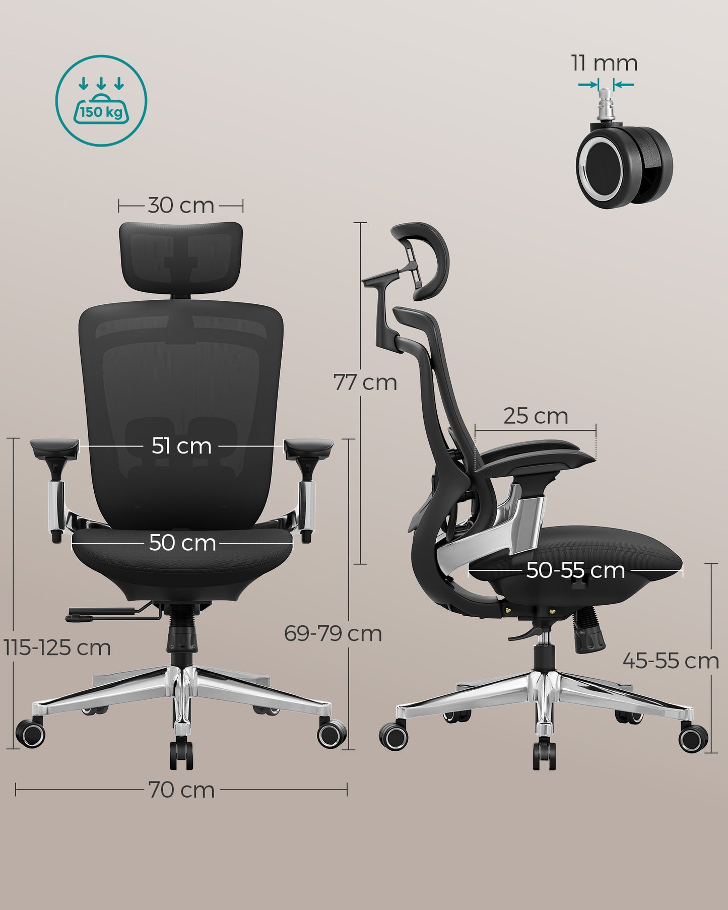 Bürostuhl, Schreibtischstuhl, Ergonomischer Bürostuhl, verstellbar, neigbare Rückenlehne, bis 150 kg, Schwarz, SONGMICS, 6