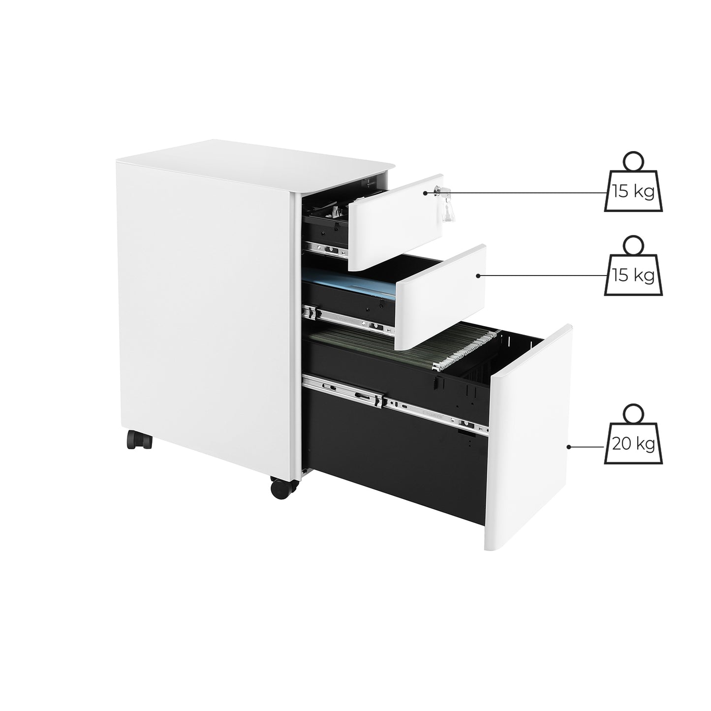 Rollcontainer, Aktenschrank, Büroschrank, mit Rollen, Büro Rollcontainer, abschließbar, Schubladen, weiß, SONGMICS, 4