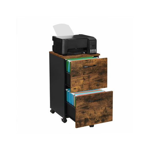 Rollcontainer, Schubladenbox, Büroschrank, mit 2 Schubladen auf Rollen, für A4-Format, Hängeordner, Braun Schwarz, Vasagle, 1