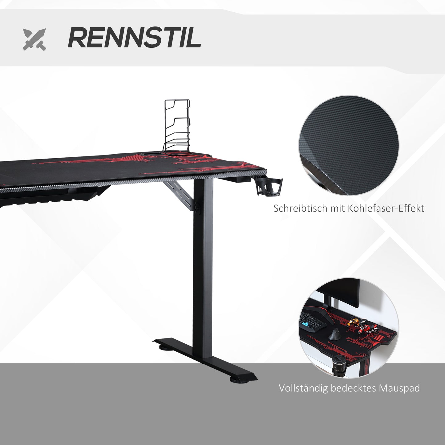 HOMCOM - Gaming Schreibtisch Kopfhörerhaken Getränkehalter Mauspad MDF Metall Schwarz+Rot 140x70x77cm