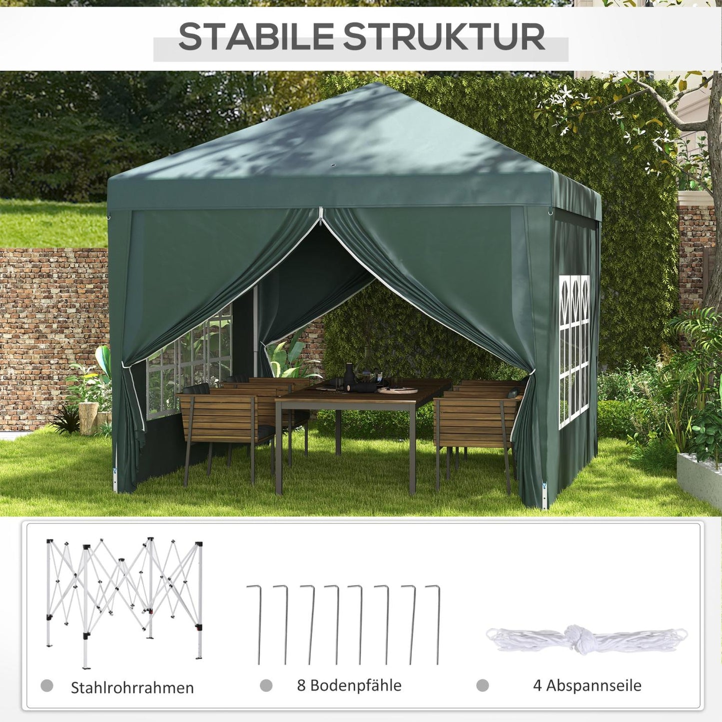 Faltpavillon 3x3, Stabile Zelte, Pavillon mit 4 Seitenwänden, Fenster, Festzelt mit UV-Schutz, Gartenzelt, Grün, Outsunny, 5