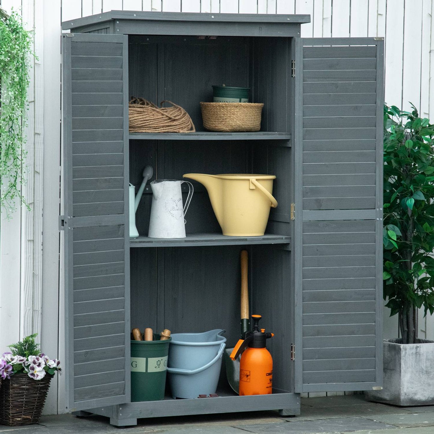 Gartenschrank Holz, Outdoor Schrank, Terrassenschrank, Gerätehaus mit Pultdach, Bitumenpappe, Grau, Outsunny