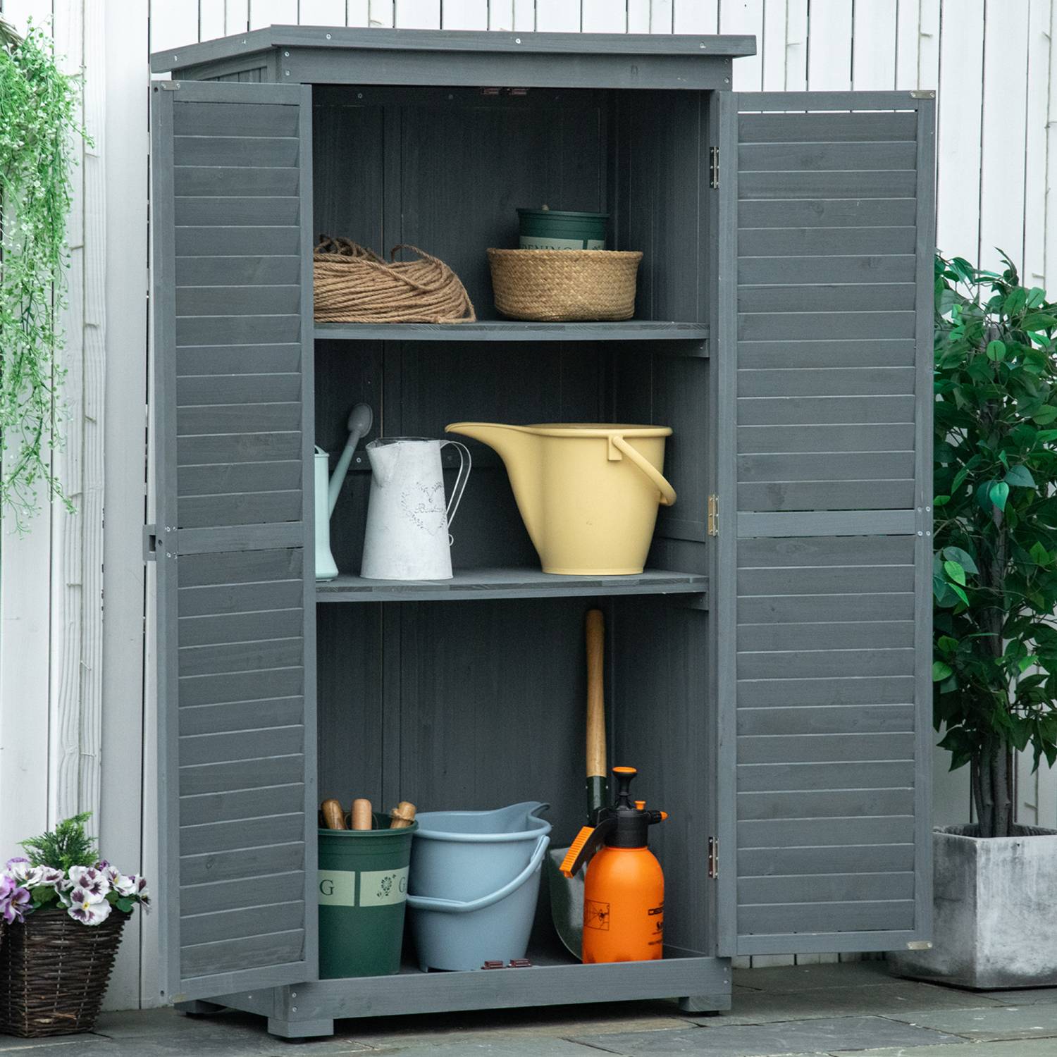 Gartenschrank Holz, Outdoor Schrank, Terrassenschrank, Gerätehaus mit Pultdach, Bitumenpappe, Grau, Outsunny
