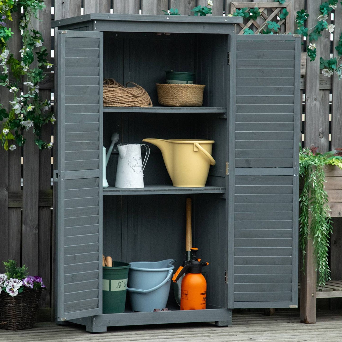 Gartenschrank Holz, Outdoor Schrank, Terrassenschrank, Gerätehaus mit Pultdach, Bitumenpappe, Grau, Outsunny, 6