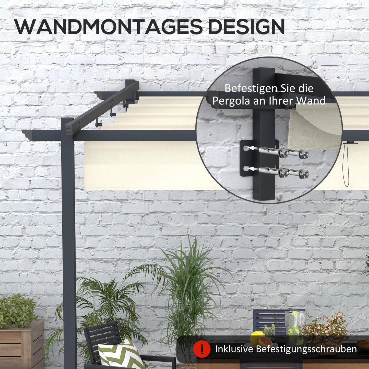 Pergola metall, 3 x 3 m, Pergola Terrasse, Terassenüberdachung, Terrassendach Wandmontage, Creme, Outsunny, 2