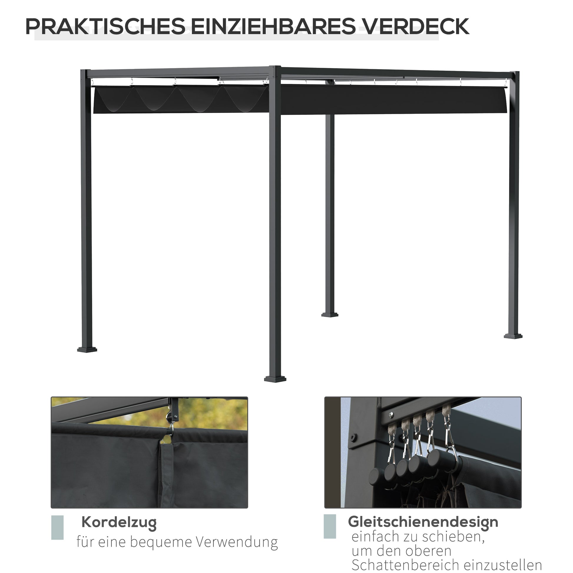 Pavillon, Pergola metall, Pergola Freistehend, Pergola Terrasse, Terrassenüberdachung mit Schiebedach, Schwarz+Grau, Outsunny, 3