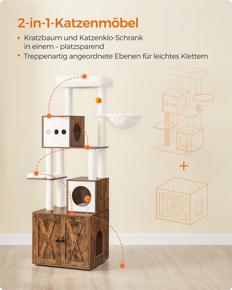 Kratzbaum, Katzenbaum, 185cm hoch, Katzenkratzbaum, Katzenklo Schrank, Kratzsäule, Plattform, Vintagebraun, Feandrea, 2