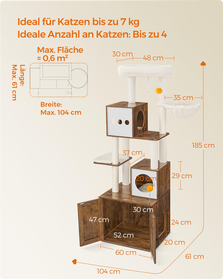 Kratzbaum, Katzenbaum, 185cm hoch, Katzenkratzbaum, Katzenklo Schrank, Kratzsäule, Plattform, Vintagebraun, Feandrea, 7