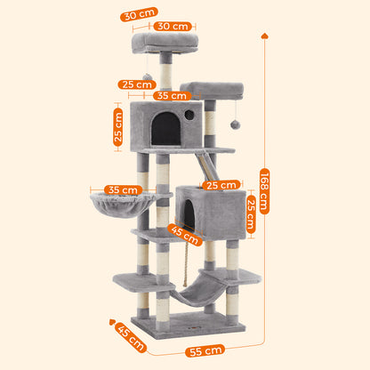 Kratzbaum, Katzenbaum, Katzenkratzbaum, Groß, H168 cm, mit 13 Kratzsäulen, 2 Plattformen, 2 Höhlen, Korb, Grau, Feandrea, 5