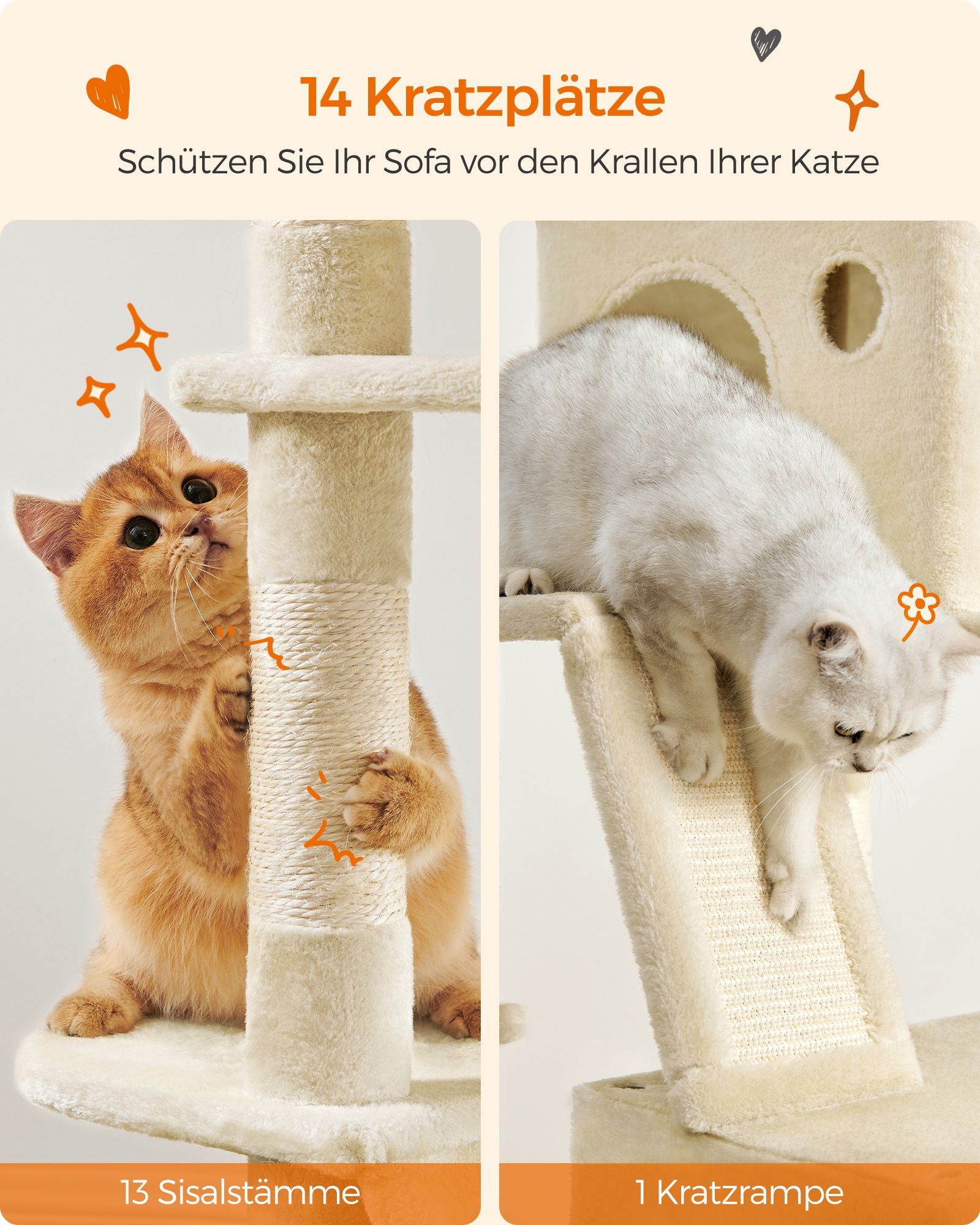 Kratzbaum, Katzenbaum, Groß H-206 cm, Katzenkratzbaum, mit 13 Kratzsäulen, 2 Plattformen, 2 Höhlen, Korb, Beige, Feandrea, 4