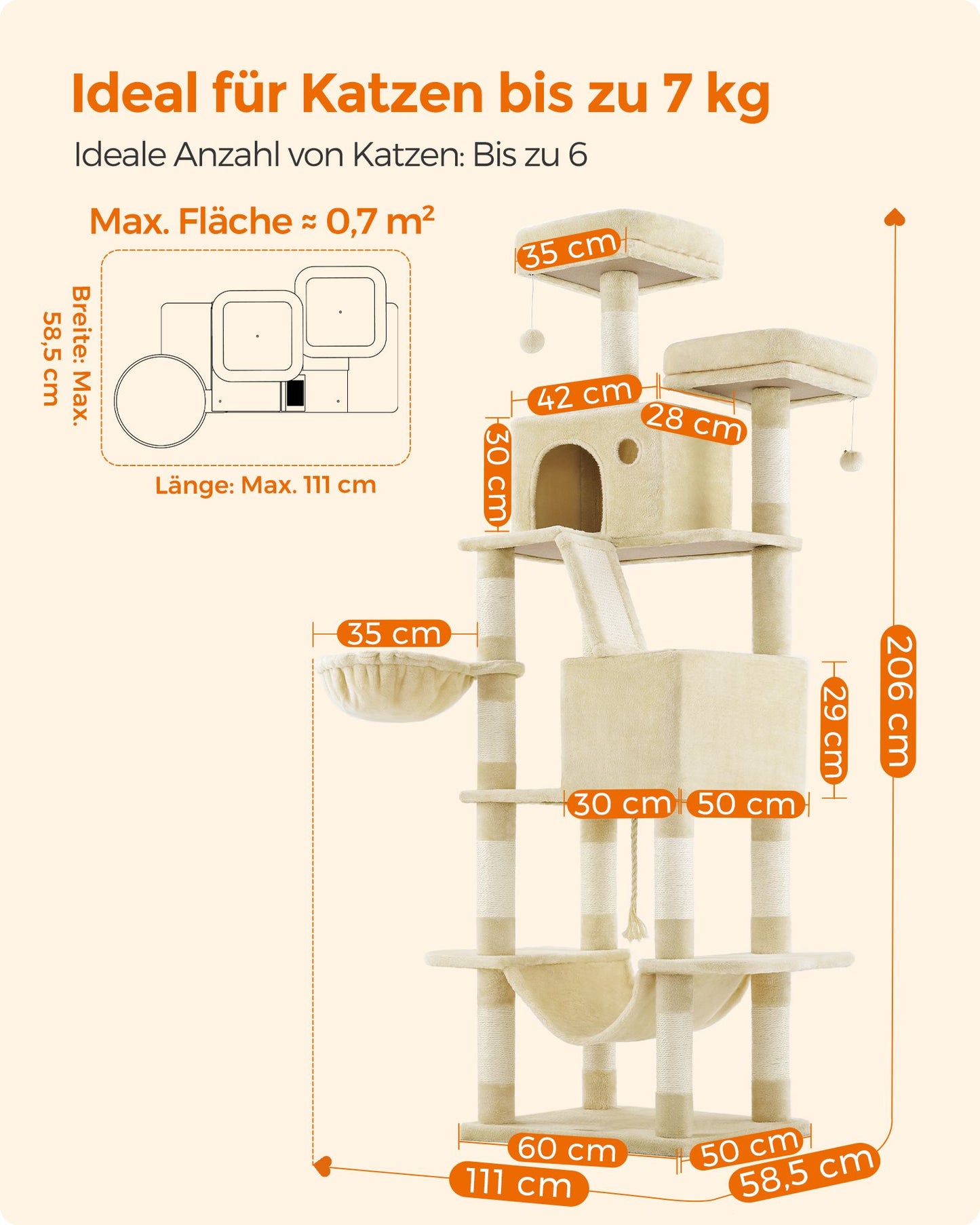 Kratzbaum, Katzenbaum, Groß H-206 cm, Katzenkratzbaum, mit 13 Kratzsäulen, 2 Plattformen, 2 Höhlen, Korb, Beige, Feandrea, 5