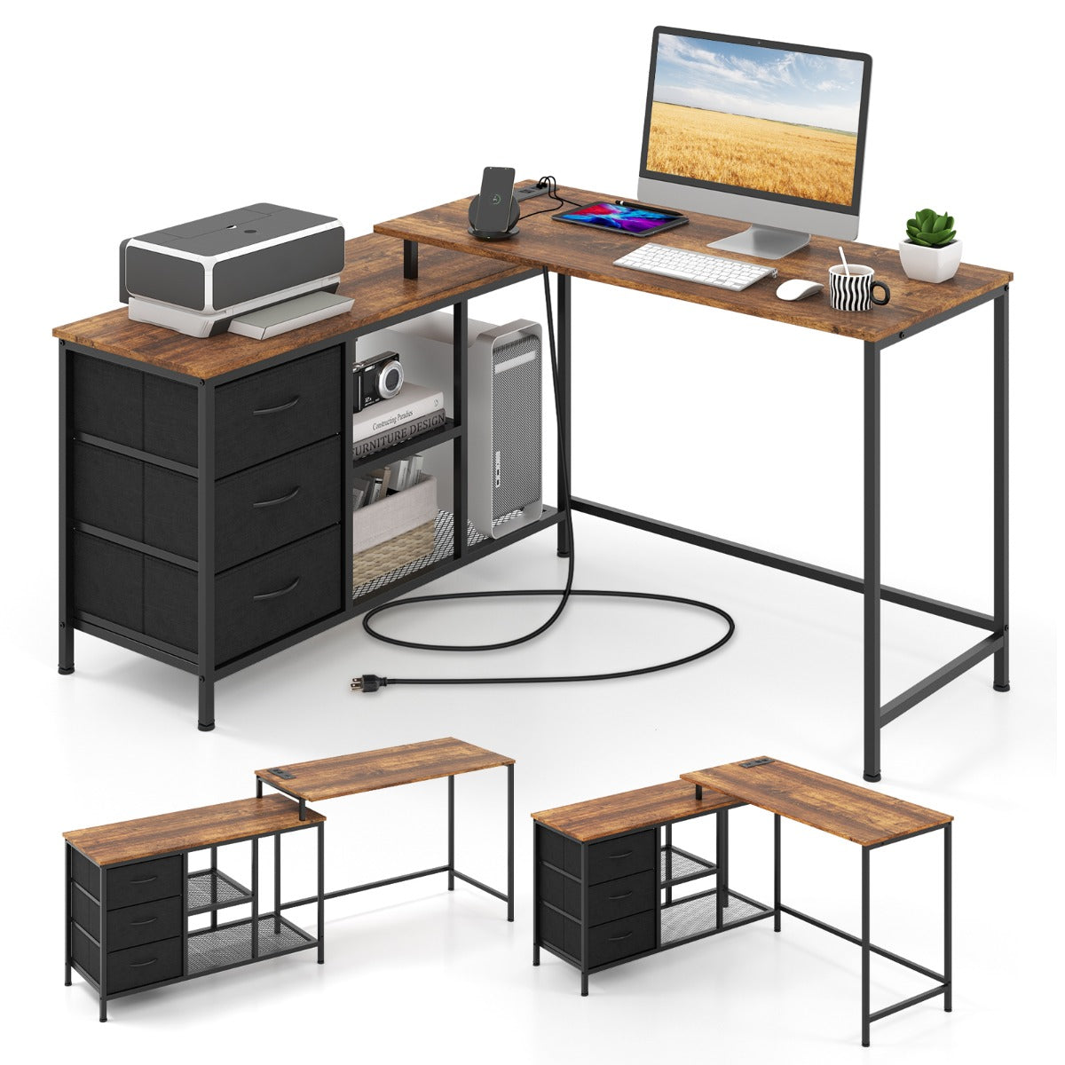 PC Tisch, 2-in-1 PC Tisch, verwandelbarer Eckschreibtisch oder 205 cm Computertisch, mit Steckdose, Costway, pc tisch kaufen, 1
