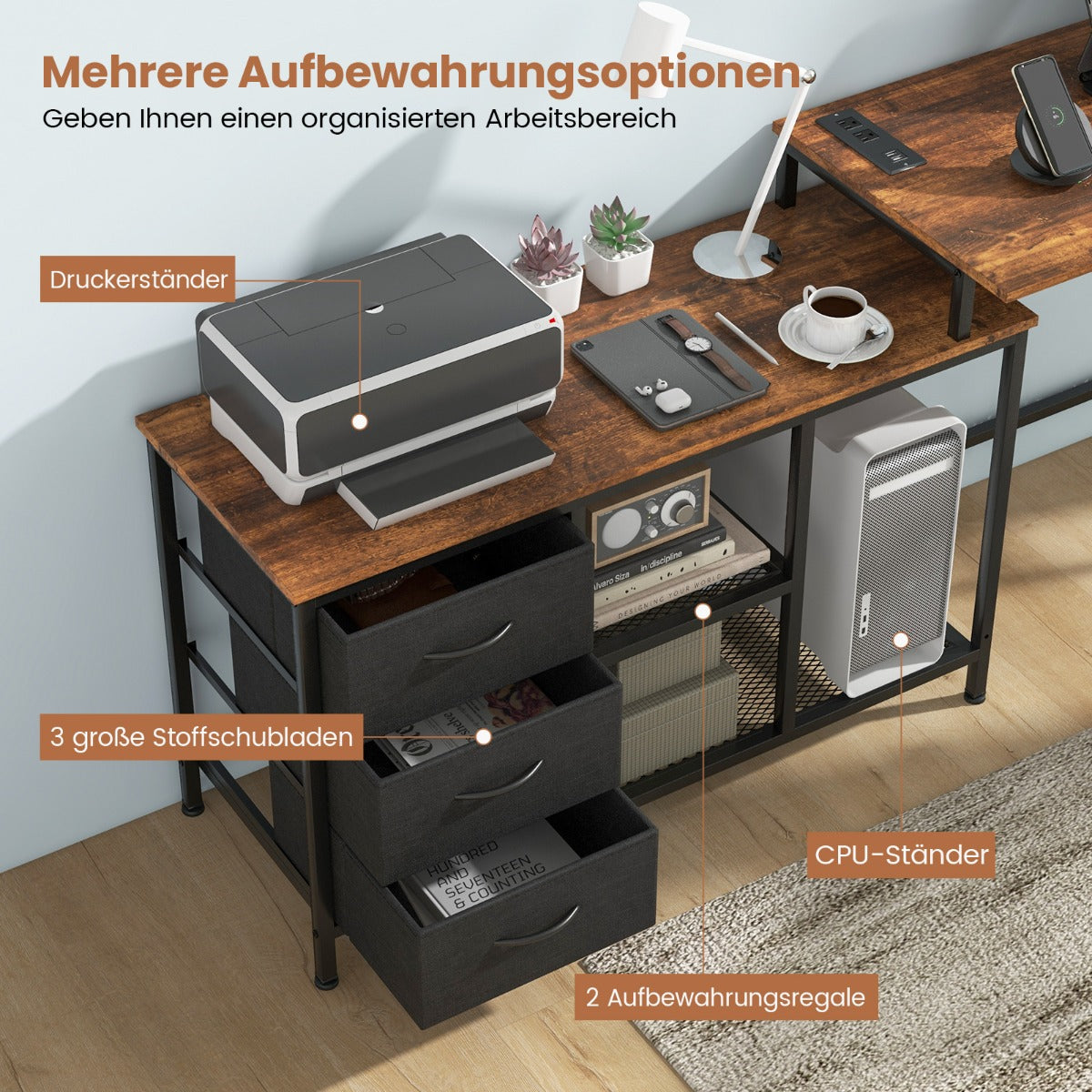 PC Tisch, 2-in-1 PC Tisch, verwandelbarer Eckschreibtisch oder 205 cm Computertisch, mit Steckdose, Costway, pc tisch kaufen, 4
