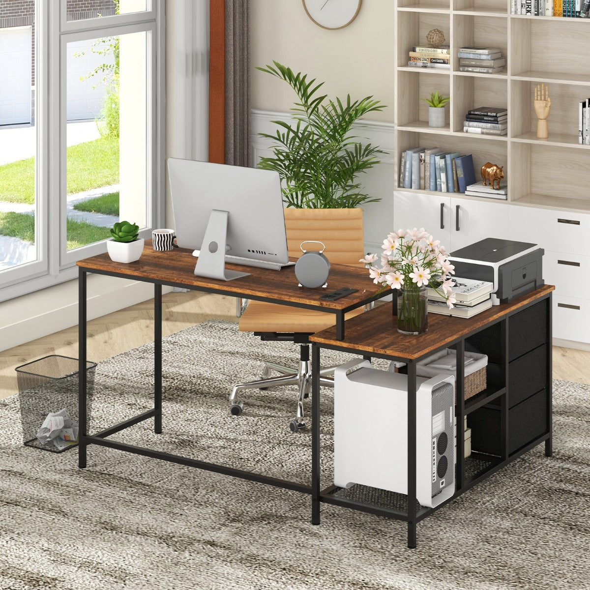 PC Tisch, 2-in-1 PC Tisch, verwandelbarer Eckschreibtisch oder 205 cm Computertisch, mit Steckdose, Costway, pc tisch kaufen, 7